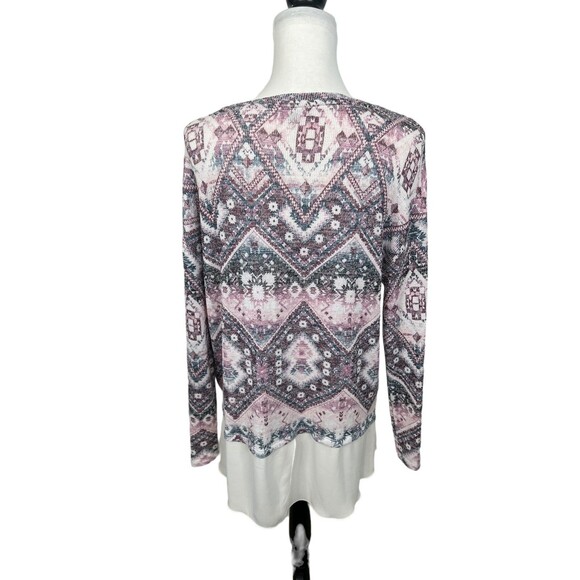 Kiara Multicolor Blouse Size L Chiffon Knit Overlay Aztec Print Long Sleeves Top - Picture 8 of 10